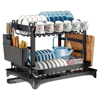 LunaLulinlk Black 2 Tier Kitchen Dish Rack Drain Rack Storage Rack Countertop Bowl Dish Dish Utensil Rack with Cup Holder