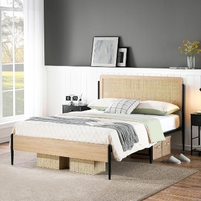 Full Metal Bed Frame with Rattan Headboard and Wooden Footboard, Boho Style Platform Bed Frame with Underbed Storage Space, Noiseless, Oak