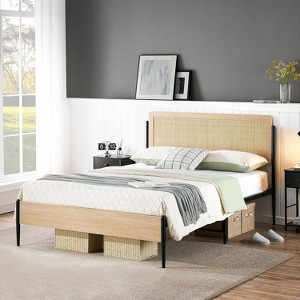 Full Metal Bed Frame with Rattan Headboard and Wooden Footboard, Boho Style Platform Bed Frame with Underbed Storage Space, Noiseless, Oak - 1 of 4