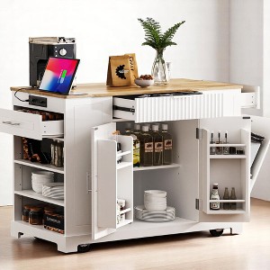 Fluted Kitchen Island Cart Cabinet, USB & Type-C Ports, 3 Drawers, Rubber Wood Top, Rolling Storage Cabinet,Kitchen and Dining Cabinets - 1 of 4