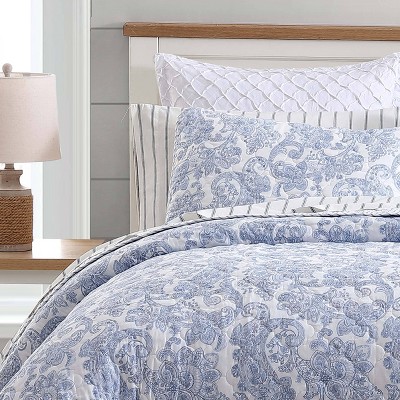 Blue Paisley Cotton Twin Quilt Set with Shams