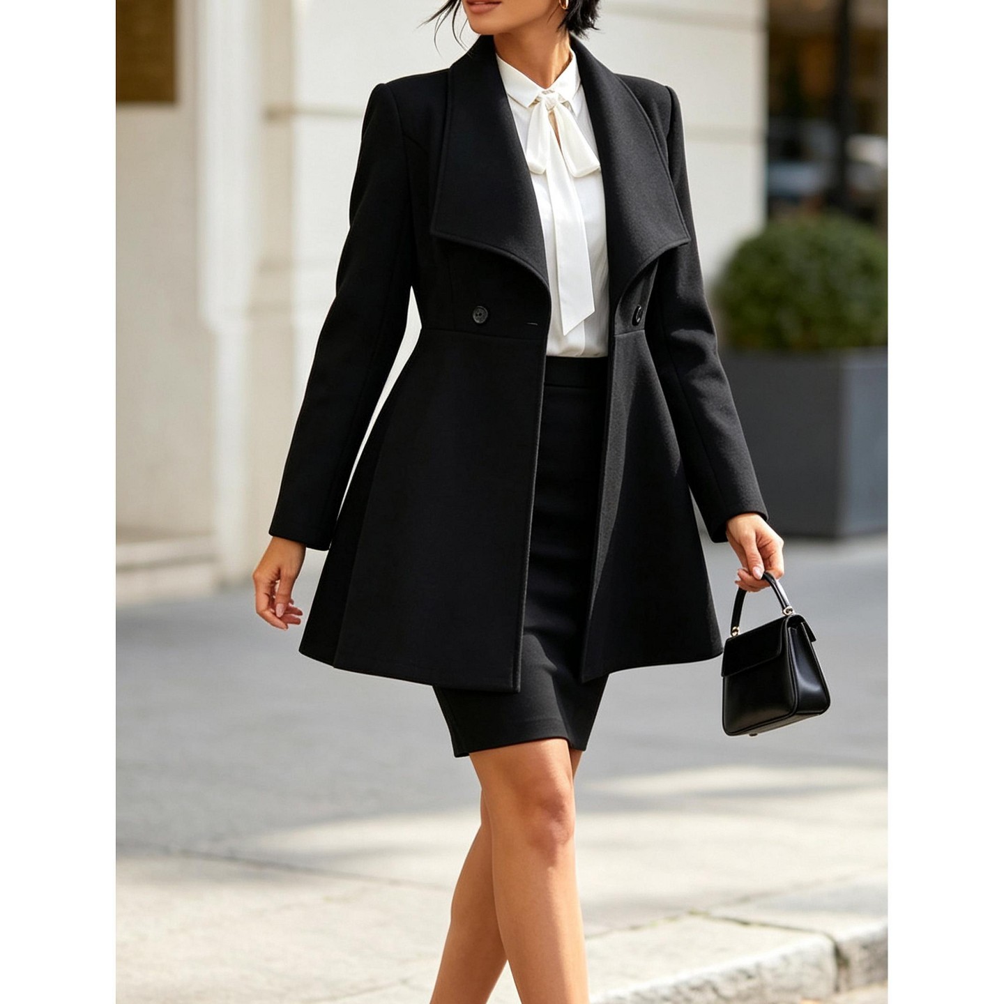 Женское пальто YesFashion Women Lapel Collar Wool Blend Coat, Mid‑Length Single Breasted Trench Overcoat, Slim Fit Long Sleeve Outerwear, S, Black, цвет: Чёрный — фото 3