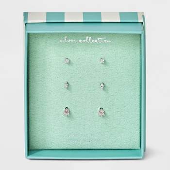 Sterling Silver with Clear Cubic Zirconia Stud Earring Set 3pc - A New Day™ Pink/Silver