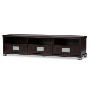 Gerhardine Wood 3 Drawer TV Stand for TVs up to 62" Dark Brown - Baxton Studio: Entertainment Center, Media Console with Storage - 1 of 4