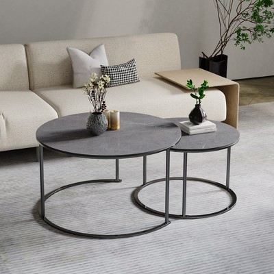 Artloge Set of 2 Round Nesting Coffee Table Sintered?Stone Table Top Black Painted Legs