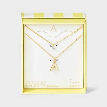 14K Gold Dipped Initial Cubic Zirconia Layered Chain Necklace - A New Day™ Gold