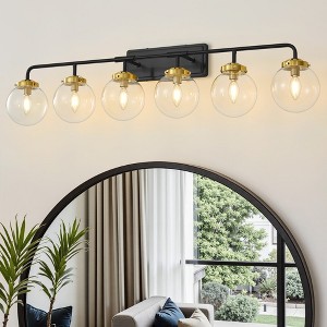 POWLIG 45.28-in 6-Light Black&Gold Bathroom Light Fixtures Over Mirror Vanity Lighting with Clear Glass Globe Shades - 1 of 4