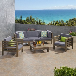 Christopher Knight Home Kaena Outdoor Acacia Wood 5 Seater Sofa and Club Chair Chat Set with Cushions - 1 of 4