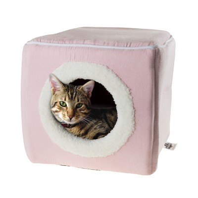 Medium Pink Velvet Enclosed Cat Bed with Foam Cushion