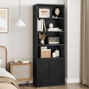 71.4 Inch High Bookcase, Farmhouse Bookcase with Doors and Open Shelves, 6-Tier Freestanding Wooden Bookcase for Living Room, Bedroom, Office - 1 of 4