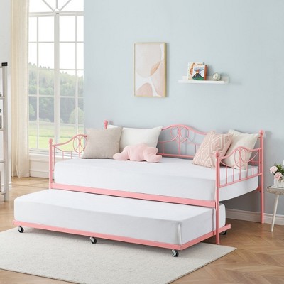 Twin Daybed with Trundle Bed,Metal Twin Day Bed Twin Size with Steel Slat Support, Sofa Bed for Living Room and Guest Room