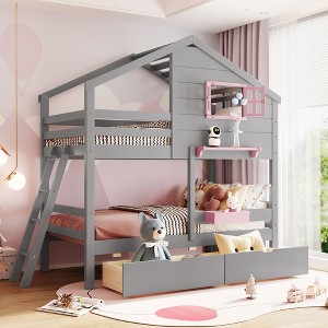 Twin Over Twin Bunk Bed with Roof, Window, Storage Drawers, and Playhouse Design, Solid Wood Frame - 1 of 4