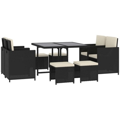 Resenkos 9 Pieces Outdoor Dining Set for 8, Wicker Chairs and Square Glass Table with Cushions and Ottomans, Rattan Conversation Patio Furniture Set,