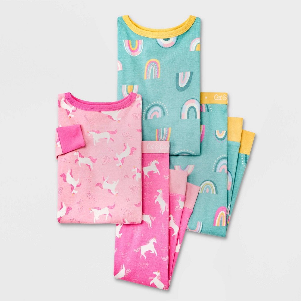 Size 5T Toddler Girls' 4pc Unicorn & Rainbow Tight Fit Pajama Set - Cat & Jack Pink 5T