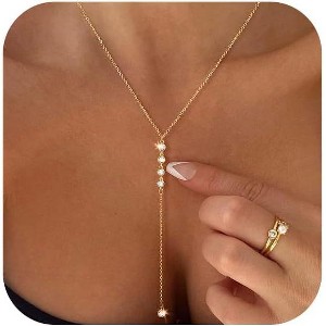 Lariat Gold Necklace for Women: Dainty 14K Gold Plated/Silver Y-Shaped Beaded Drop Chain, Trendy Gift - 1 of 4