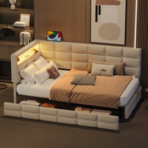 Daybed with Storage Drawers,Charging Station,LED Headboard,Twin Size Upholstered Frame for Teens or Guests-Maison Boucle - 1 of 4