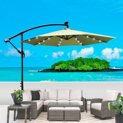 CAVINAS 10 FT Patio Umbrella with LED Light and Crank,8 Ribs Market Patio Umbrella with Cross Base for Backyard,Poolside,Deck