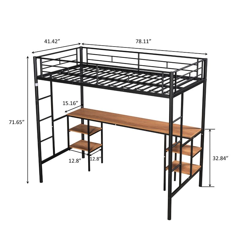 Metal Twin Size Low Loft Bed With Storage Shelf And Table, Black - ModernLuxe, 3 of 11
