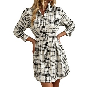 casual plaid dress women button-up Plaid dress in Black tartan. Brushed cotton Plaid casual coatdress in Black and beige