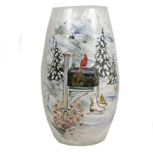 Frosted Glass Christmas Cardinals Stony Creek 7 Lighted Vase