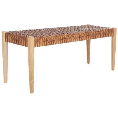 Bandelier 49'' Light Honey Teak and Leather Weave Bench with Storage