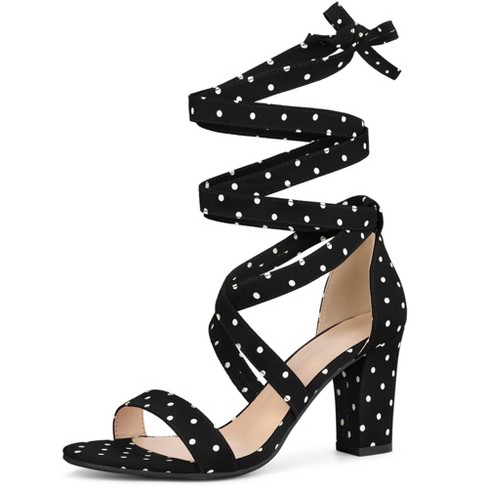 Allegra K Women s Polka Dots Lace Up Chunky Heels Sandals Black 7