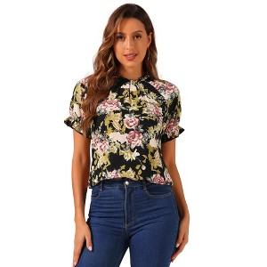 INSPIRE CHIC Women's Ruffled Short Sleeve Floral Mock Neck Summer Top - 1 of 4