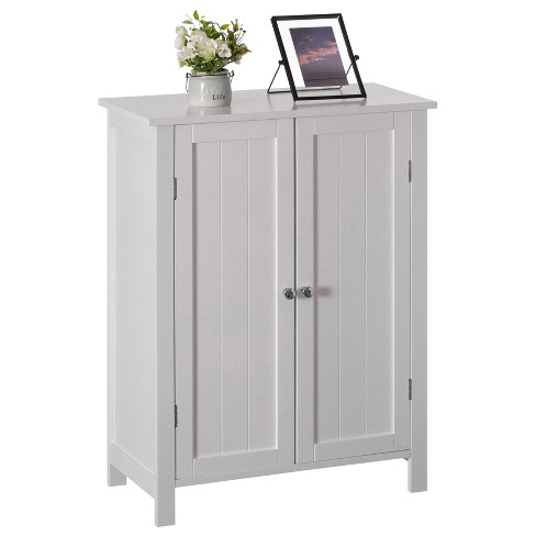 Basicwise Modern White Standing Bathroom Tall Linen Tower Storage Cabinet, Wide