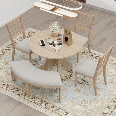 NicBex Round Dining Table Set for 4 Round Table with Curved Bench, 3 Side Chairs for Dining Room