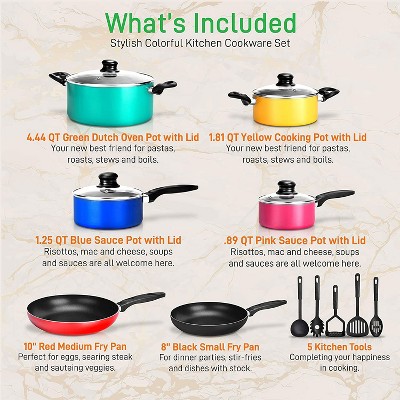 NutriChef 15-Piece Multicolor Nonstick Aluminum Cookware Set