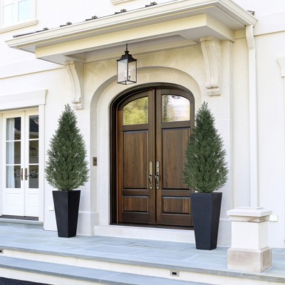 Artificial Topiary Trees Set of 2,UV Resistant Faux Cedar Porch Tree w/Decorative Grass,Potted Fake Evergreen Cypress Plants for Indoor Outdoor