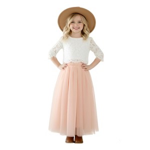 2Bunnies 2 Piece Lace Top Tulle Skirt Boho Rustic Flower Girl Dress Set - 1 of 4