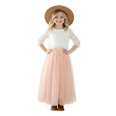 2Bunnies Girls' 3T-14yr 2 Piece Lace Top Tulle Skirt Boho Rustic Flower Girl Dress Set 3T / Pink