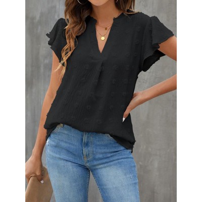 Womens V Neck Ruffled Short Sleeve Polka Dot Blouse Shirts Casual Summer Top Tunic Black M