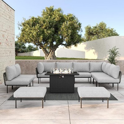 LayinSun 11 Pieces Rope Woven Patio Furniture Set, Modern Modular Sectional Sofa with Fire Pit Table and Upgrade Thickness Cushion