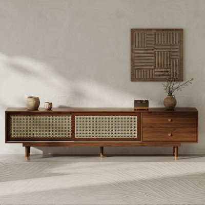 LOVSON Medieval modern style TV cabinet with wicker sliding doors and 2 drawers, suitable for TVs up to 85 inches, living room media cabinet, walnut
