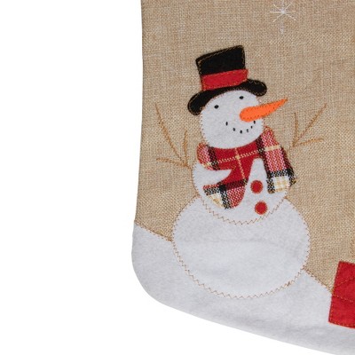 19" Beige and Red Burlap Snowman Christmas Stocking with Embroidery