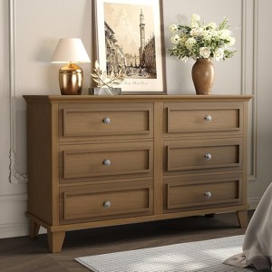 Farmhouse TV Stand and Dresser with 6 Drawers, Wide Double Dresser with Vintage Handles for Living Room, Bedroom, Gray - 1 of 4