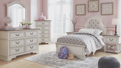 Chipped White & Distressed Wood 3-Drawer Nightstand with USB Ports