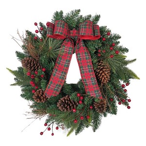 Kurt Adler 24-Inch Decorated Unlit Green Wreath with Bow, Holly Berrys and Cones - 1 of 1