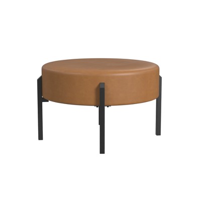 Carmel Faux Leather Round Ottoman with Black Metal Legs