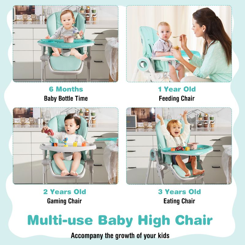 Infans Baby High Chair Foldable Feeding Chair w/ 4 Lockable Wheels Green, 5 of 8