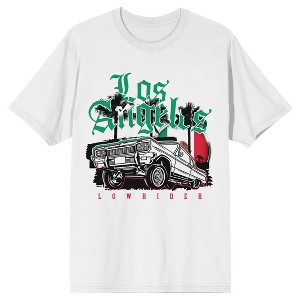 White Car Silhouette w/ Los Angeles Green Lettering and Palm Trees on White Short Sleeve Adult T-Shirt - 1 of 4