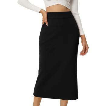 Seta T Women's Elastic High Waist Midi Basic Skirt Slit Hem Stretchy Ribbed Knit Bodycon Midi Skirts