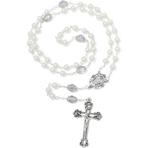 6 MM Pearl Rosary Beads with Crucifix, Catholic Necklace for Women with Velvet Bag or Rosary Box - 1 of 4