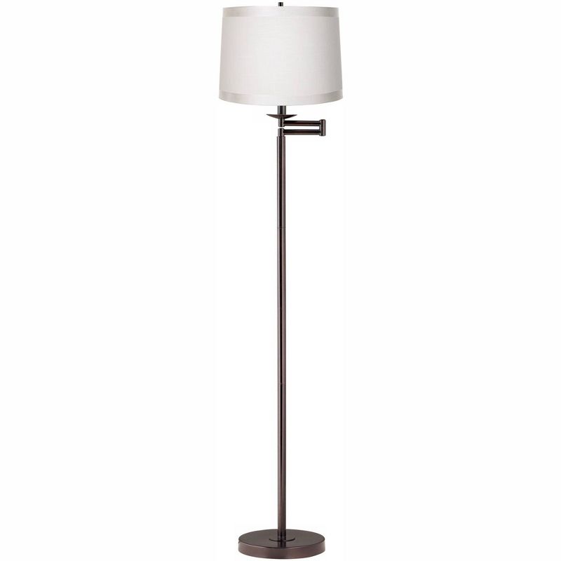 360 Lighting Modern Swing Arm Floor Lamp 60.5" Tall Bronze Off White Self Trim Fabric Drum Shade for Living Room Reading Bedroom Office, 1 of 6
