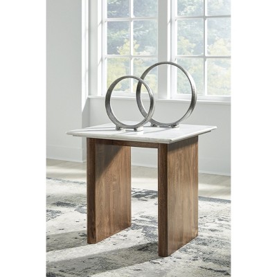 Light Brown and White Mango Wood End Table with Marble Top