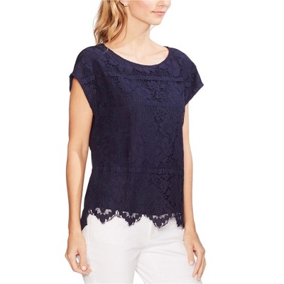 Vince Camuto Womens Lace Overlay Floral Pullover Blouse, Blue, X-Small