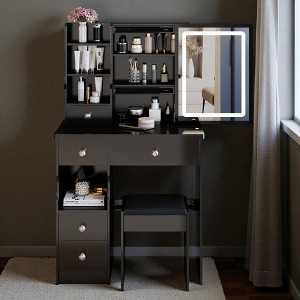 Mshliw Small Vanity Table with Sliding Mirror & Stool, Compact Makeup ...