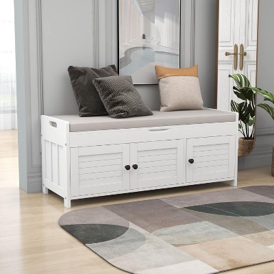 Acekool Wash Shoe Storage Bench – Removable Cushion with 3 Shutter Door,sturdy Wood Legs, Hidden Top Storage for Entryway & Bedroom